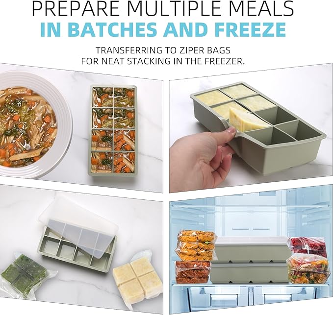 1/2 Cup Silicone Freezer Tray With Lid - Silicone Freezer Molds 2-Pack For meal prep & freezing of various sauces and other dishes, makes 16 perfect 1/2 cup portions cubes（Green 2 Pack）
