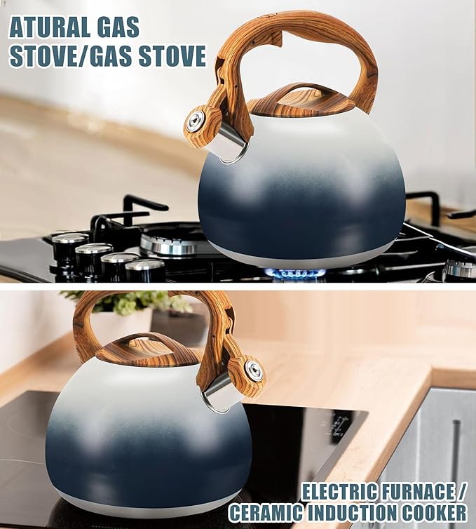 tea kettle stovetop, Loud Whistling kettle for Boiling Water Coffee or Milk, 3.2 Quart Heavy stainless steel tea kettle with Wood Pattern Handle, Gas Electric Applicable - Black & white