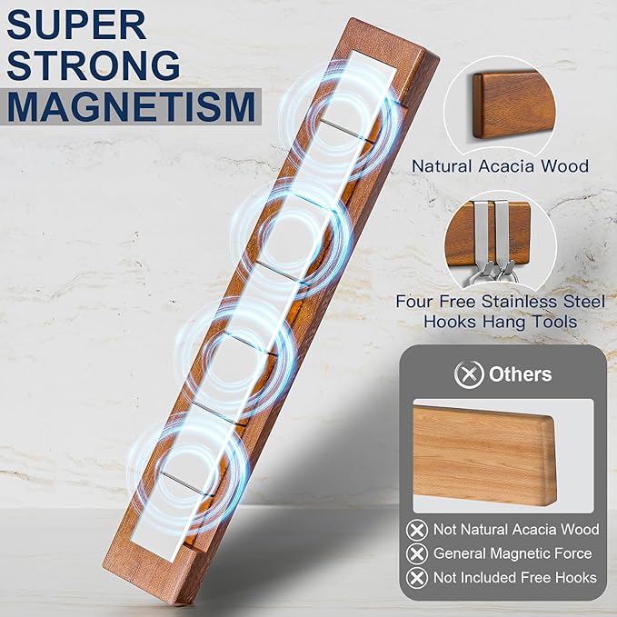 ENOKING Magnetic Knife Holder for Wall, Knife Magnetic Strip No Drilling 16 Inch, Powerful Kitchen Knife Magnetic Holder, Acacia Wood Knife Magnet for Kitchen Utensil Organizer with 4 Hooks