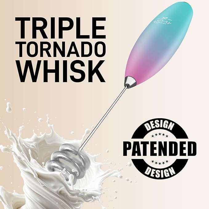 Zulay Kitchen Patented Tornado Triple Whisk Milk Frother with 4 Duracell Batteries – Handheld Foam Maker for Coffee, Lattes, Matcha & Hot Chocolate – Rich, Creamy Froth in Seconds