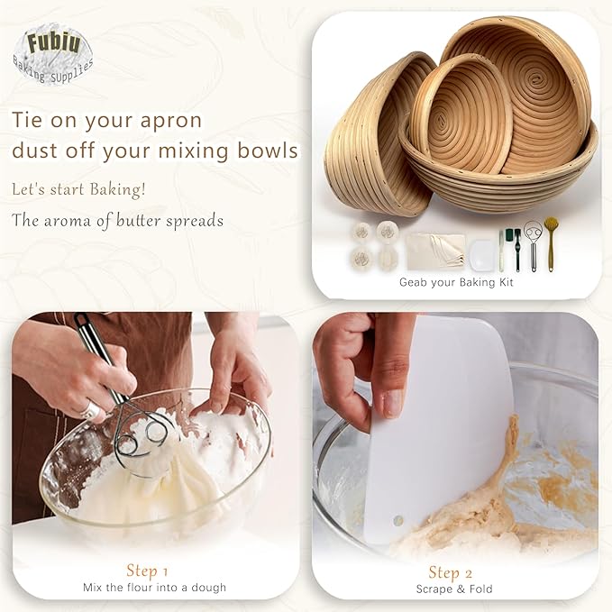 Natural Unbleached Banneton, Sourdough Bread Proofing Basket Kit, 6,8,9,10 Inch Basket with BreadMaking Baking Supplies Tools, Banneton Basket Gift Set - Primary Color