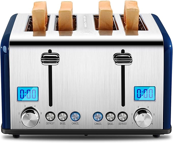 Roter Mond Countdown Stainless Steel 4 Slice Toaster with Bagel, Defrost, Cancel Function, Dual Toaster, Extra Wide Slots, 6 Shade Settings, Removable Crumb Trays, 1650W, Blue