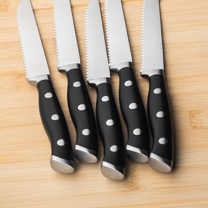 Alata 8-Piece Steak Knives Set with Block, 4.7 Inch with Serrated Edge Razor-Sharp Dinner Knives, Full-Tang Construction, Dishwasher Safe