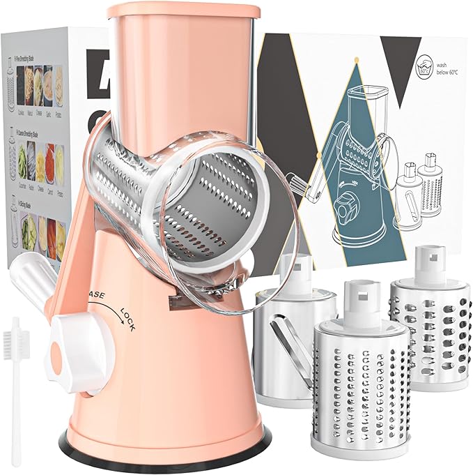 Cambom Rotary Cheese Grater Hand Crank Cheese Shredder for Fresh Cheese, Vegetable, Nuts,Non-slip Suction Base, Free Cleaning Brush Three Blades, Pink