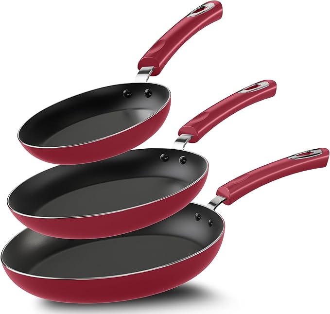 Utopia Kitchen Nonstick Cookware 3 Piece Set, Non-Stick Frying Pans with Induction Bottom, 8, 9.5 & 11 Inches Frying Pans with Bakelite Handles, PFOA Free, Red & Black