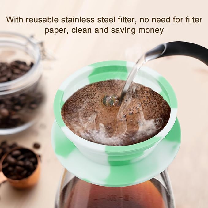 Paperless Travel Camping Pour Over Coffee Maker with Stainless Steel Filter, Collapsible Travel Pour Over Coffee Dripper Kit, Silicone Backpacking Coffee Maker Single Serve Pour Over