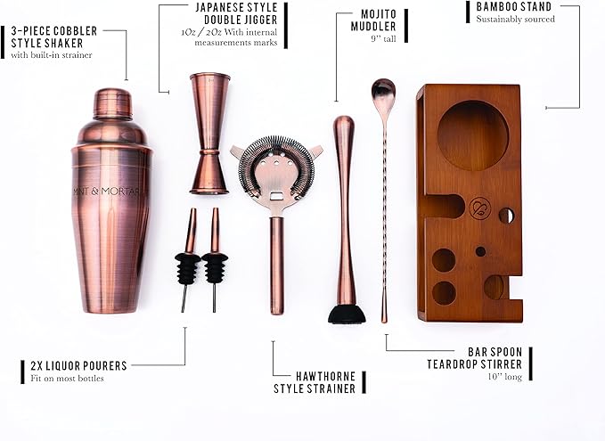 Mint & Mortar Cocktail Shaker Set, 7-Piece Bartender Kit with Stand, 24oz Martini Shaker Bottle Stainless Steel Bar Tools, Home Bar Accessories Drink Mixer, Barware Gift Set - Brushed Copper