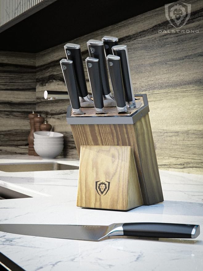 Dalstrong Knife Block Set-8pc-Vanquish Series-Forged High Carbon German Steel-Kitchen Knife Set-Premium Wood Block-Black POM Handle-NSF Certified-Men's Valetines Gift