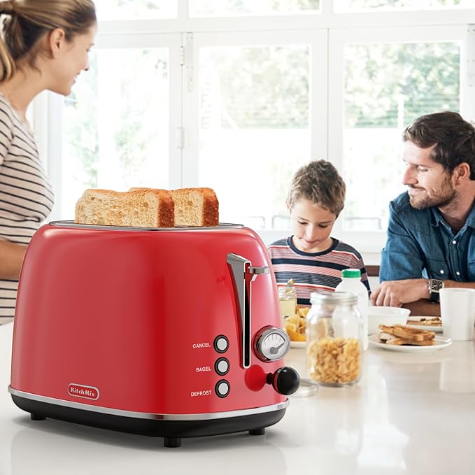 Toaster 2 slice,Retro Stainless Steel Toaster with 6 Settings, 1.5 In Extra Wide Slots, Bagel/Defrost/Cancel Function, Removable Crumb Tray (Red)