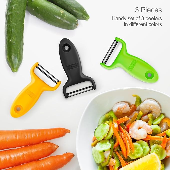 Vegetable Potato Peelers for Kitchen, Y Peeler for Apple Veggie Potatoes Fruits Carrot, Carbon Steel Blade 3-Pack Yellow/Black/Green