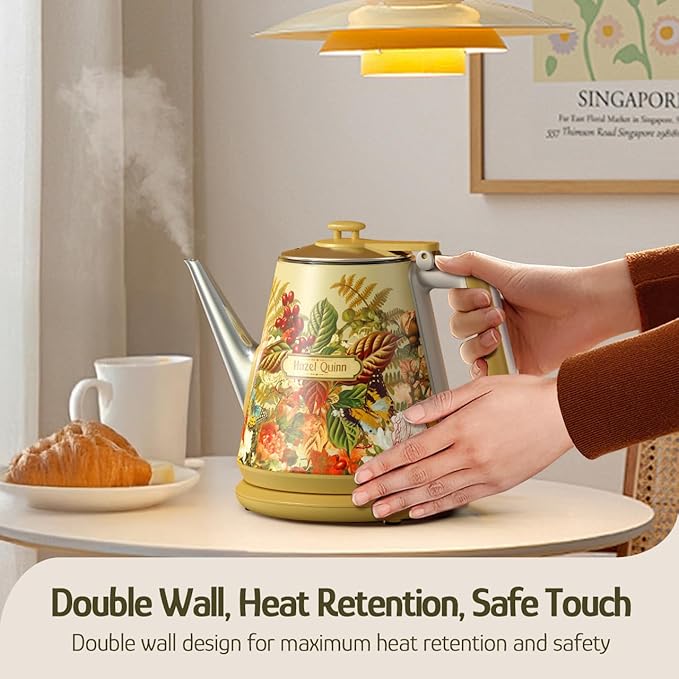 Hazel Quinn Retro X Eduardo Recife Collaboration Electric Kettle- 1 Litres / 34 Ounces Retro Small Tea Kettle, Double Wall, 304 Stainless Steel, 800W Fast Boiling, Cordless, BPA-Free, Auto Shut-Off