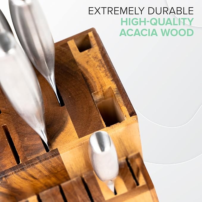 Coninx Acacia Wood Kitchen Knife Block - 15 Slots Knife Holder - Professional Quality Wood Knife Organizer - Secure Knife Stand To Keep Knives Neat & Sharp - Knife Blocks for Kitchen Knife Storage