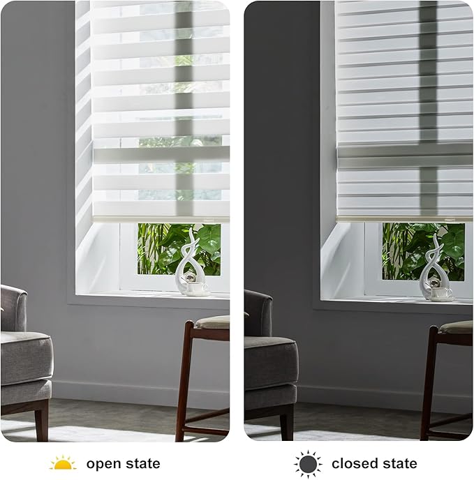 Persilux Cordless Zebra Blinds for Windows Free-Stop Roller Windows Shades (24" W X 72" H, Cream) Dual Layer Light Control for Day and Night, Light Filtering Sheer Shades for Home, Bedroom,