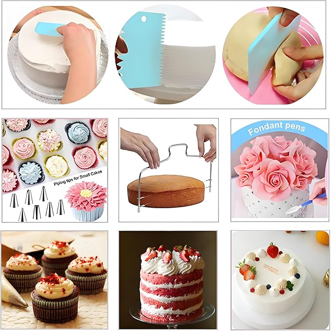 248 Pcs Cake Decorating Kit with Cake Turntable,Cake Leveler,24 Numbered Icing Piping Tips,2 Spatulas,3 Comb Scrapers,2 Couplers,5 Bag Ties,100 Pastry Bags,50 Cupcake Liners,50 Cake Flags