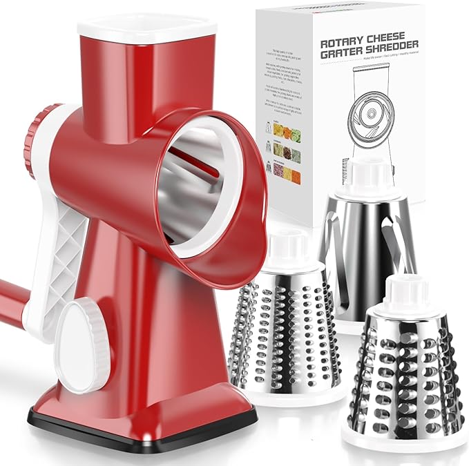 Cheese Grater Hand Crank Rotating Cheese Shredder Stainless Steel Vegetable Slicer Grater for Kitchen 3 Blades for Cheese, Carrot, Cucumber, Nuts, Chocolate, Red
