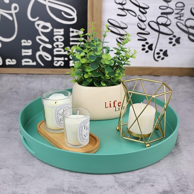 Round Green Decorative Serving Tray with Handles, 13” Versatile Ottoman Tray for Coffee Table, Entertaining, Outdoor Patio, Living Room