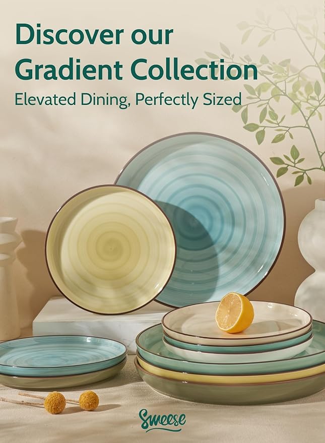 Sweese 10 Inch Porcelain Dinner Plates Set of 6 - Round Green Dishes for Main Courses, Salad, Microwave Dishwasher Safe