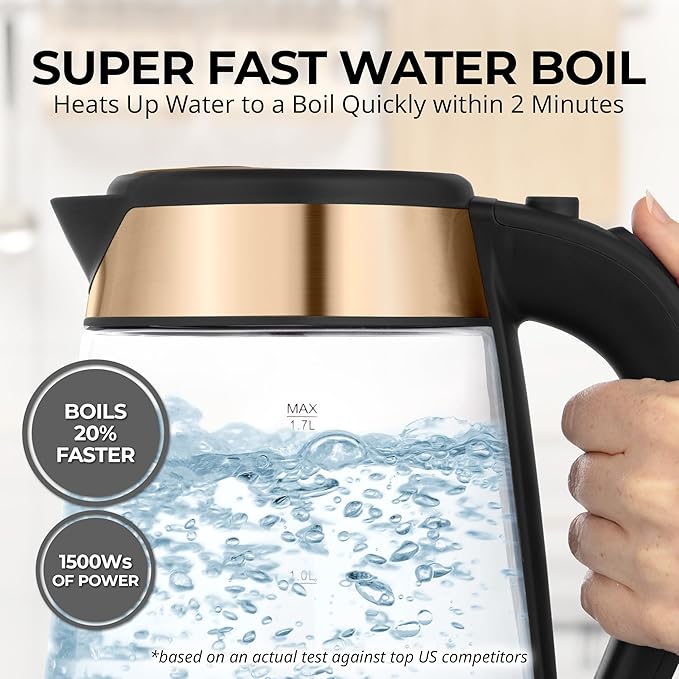 Zulay Kitchen Fast Boiling Electric Water Kettle - 1.7L, 1500W, Auto Shut-Off for Overboil & Boil Dry Protection, Cool-Touch Handle, 360° Base - Rapid Teapot Boiler For Coffee & Tea - Black Copper