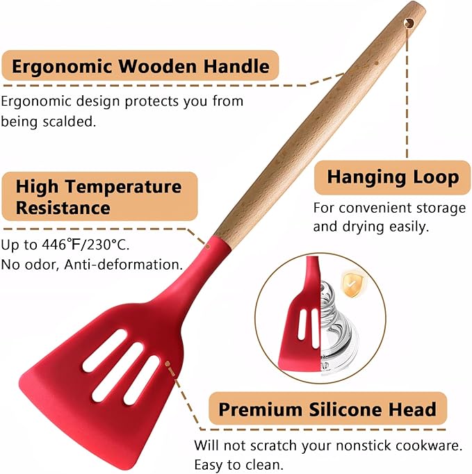 Kitchen Cooking Utensils Set 6Pcs Heat Resistant Silicone Kitchen Utensils Spatula Spoon Turner Ladle w Wooden Handle, BPA FREE Silicone Cooking Tool Gadget Set for Nonstick Cookware & Baking