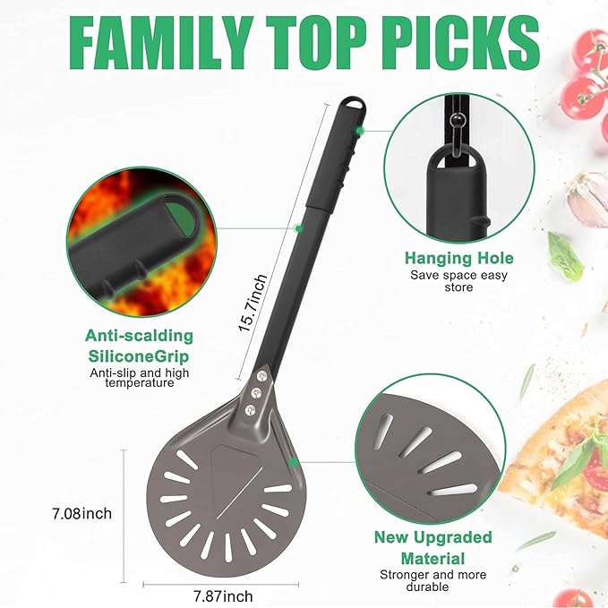Pizza Turning Peel 7 Inch Round Aluminum Perforated Pizza Peel Turner with Metal Handle Pizza Paddle for Homemade Pizza Oven Accessories