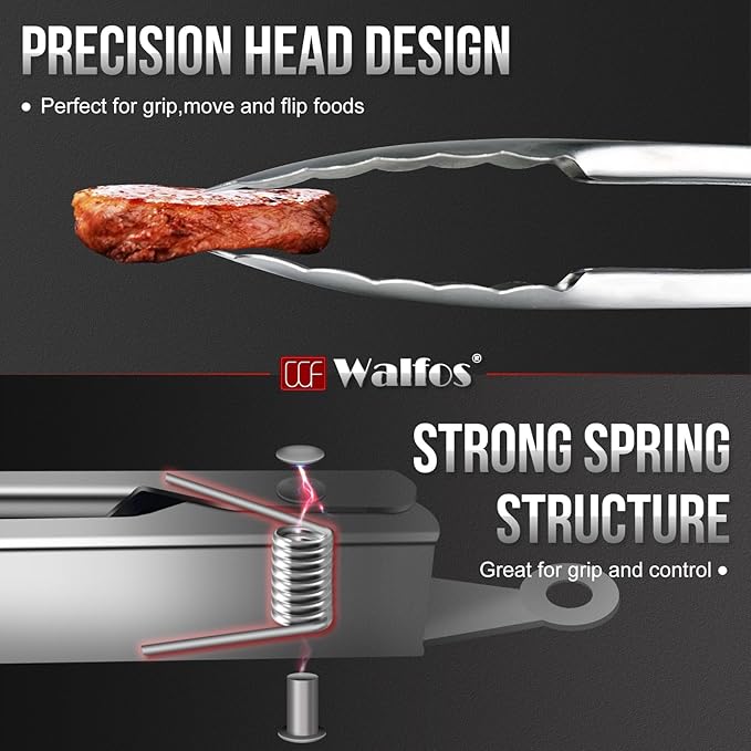 Tong for cooking, Walfos kitchen tongs set of 2 - Heat Resistant 600℉, Heavy Duty Locking Metal cooking Tongs, Stainless Steel BBQ Grilling,(All Metal 12in+16in)