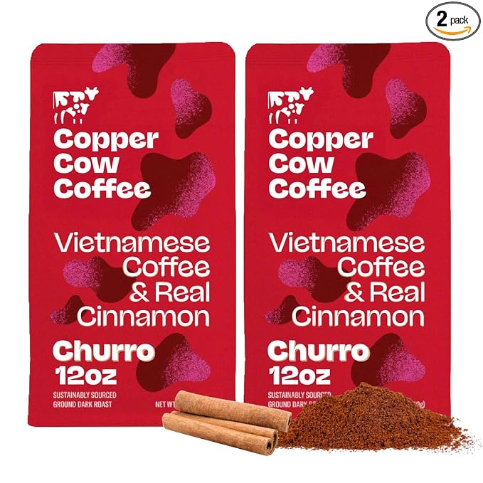Copper Cow Premium Vietnamese Ground Coffee, 24 OZ | Churro Flavored Coffee | Dark Roast Made with Real Cinnamon | Vietnamese Coffee
