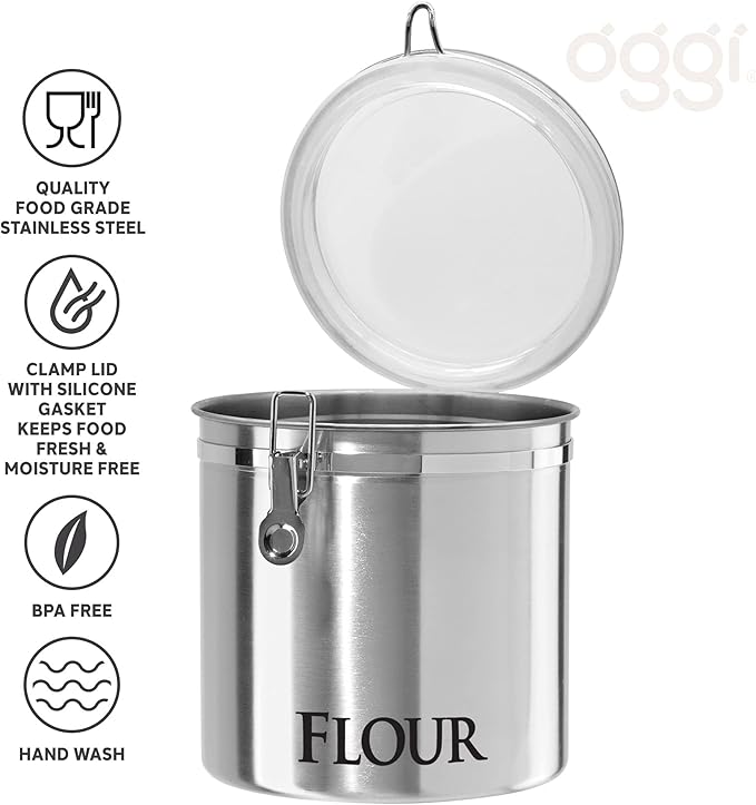 Oggi Jumbo 8" Stainless Steel Flour Clamp Canister - Airtight Food Storage Container Ideal for Kitchen & Pantry Storage of Flour or other Bulk, Dry Foods.