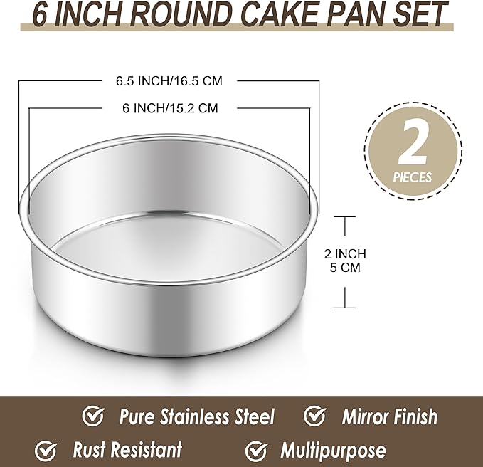 Homikit 6 Inch Cake Pan Set of 2, Stainless Steel Round Cake Pans, 2” Deep Small Nonstick Layer Cake Tins Baking Pan for Wedding Birthday Baby Shower Party, Mirror Finish & Dishwasher Safe