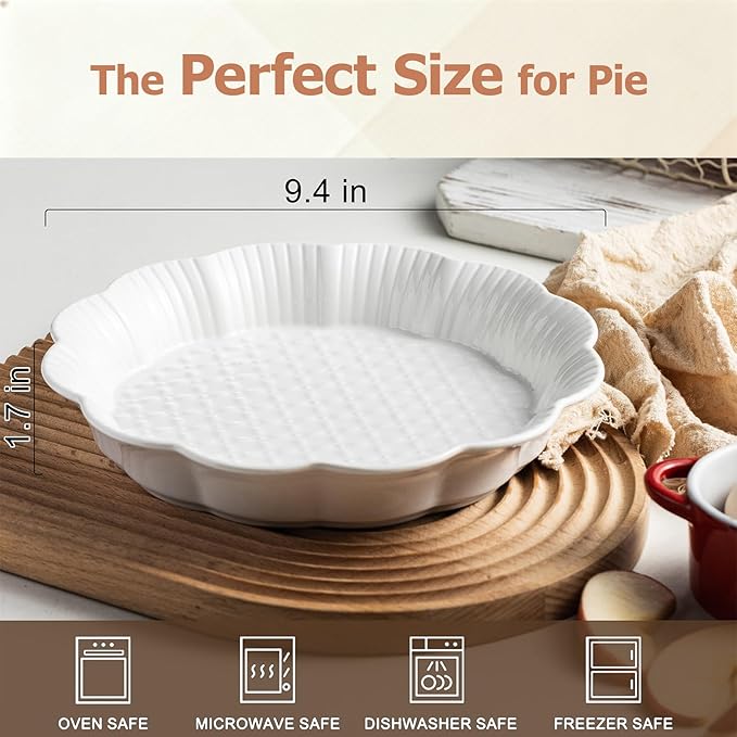 Pie Pan for Baking 9 Inch, Ceramic Pie Dish, Non-Stick Round Baking Dish, Porcelain Plates with Ruffled Edge| Microwave, Dishwasher, and Oven Safe (2PCS)