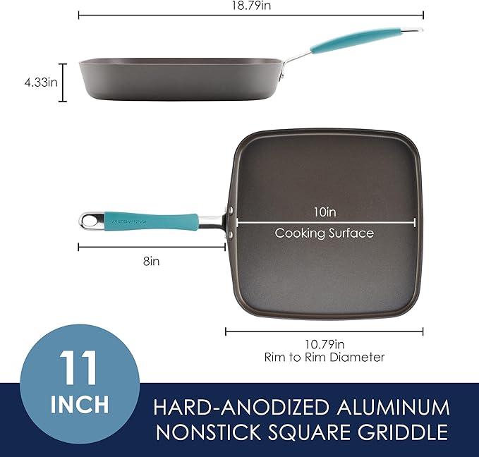 Rachael Ray Cucina Hard Anodized Nonstick Griddle Pan/Flat Grill, 11 Inch, Gray with Agave Blue Handle