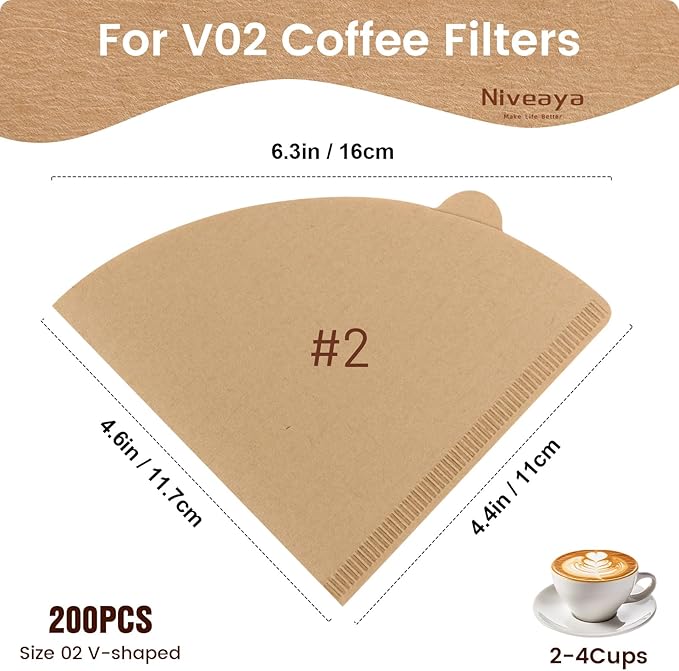 Niveaya 200 Count Cone Coffee Filters, Size 02 Natural Unbleached Paper Coffee Filter, Disposable Cone Filters for Pour Over and Drip Coffee Maker (2-4Cup)