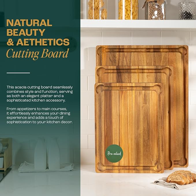 Yes4All Durable Acacia Cutting Boards for Kitchen, [17''Lx13''Wx1.5” Thick] Medium Edge Grain Cutting Board, Pre Oiled Wood Cutting Boards, Thick Chopping Board w/Juice Grooves and Easy Grip Handle