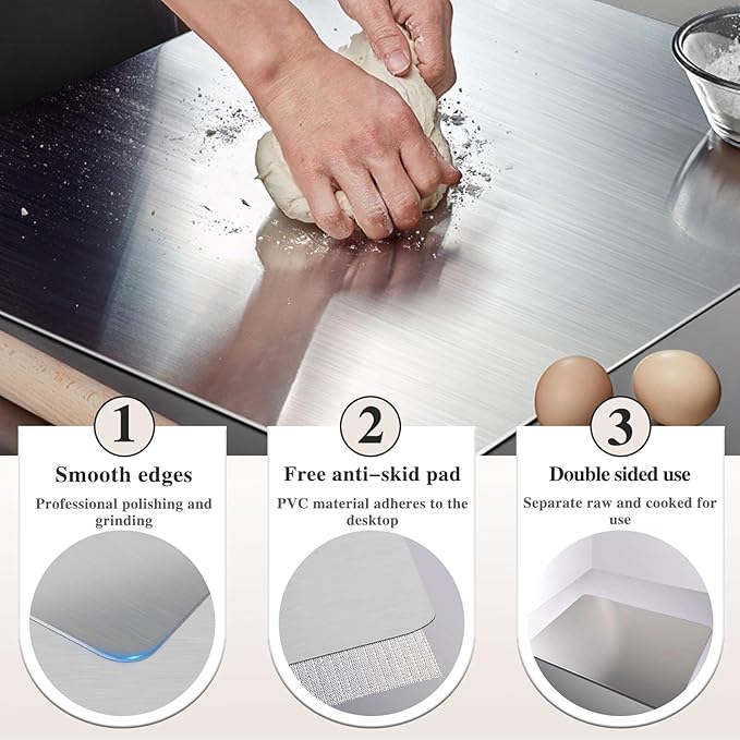 Stainless Steel Cutting Board for Kitchen - 304 Stainless Steel Chopping Boards for Baking, Double-Sided Use for Raw & Cooked Food - Ideal for Homemade Pasta, Pizza & Bread Making (15.7×23.6×0.06")