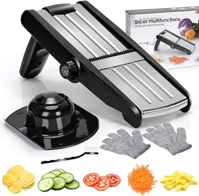 MASTERTOP Mandoline Slicer, 5 in 1 Mandoline Food Slicer for Kitchen,Stainless Steel Mini Vegetable Slicer with Safety Glove & Cleaning Brush,Adjustable Vegetable Chopper for Potatoes