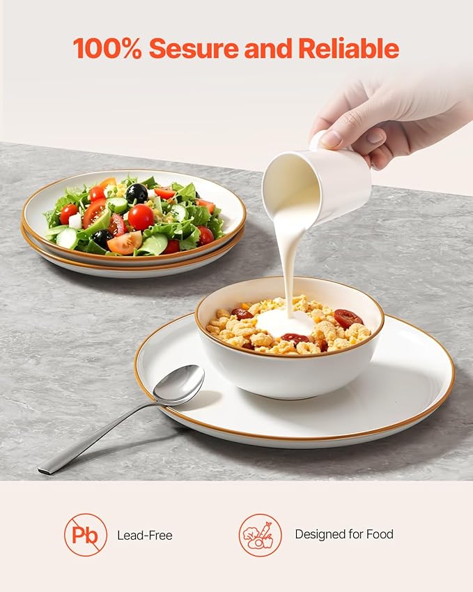 VEVOR Dinnerware Set, Service for 4 (12 PCS), Round Plates and Bowls Sets, Scratch Resistant Ceramic Dinner Ware, Dishwasher and Microwave Suitable Kitchen Dish, for Dessert Salad Soup Pasta, White