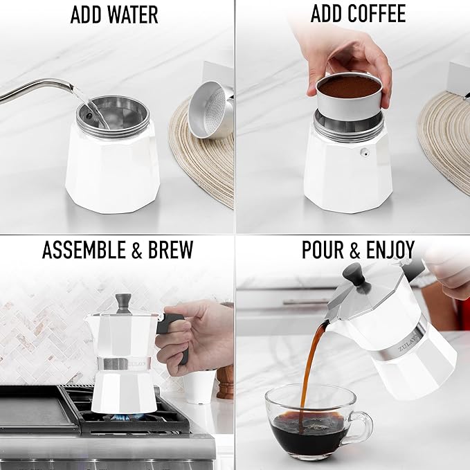Zulay Moka Pot Espresso Stovetop Coffee Maker - Leak-Proof, Stainless Steel, Easy to Clean, Heat Resistant Handle & Knob - for Authentic Cuban & Italian Style Espresso - Makes 3 Espresso Cups - White