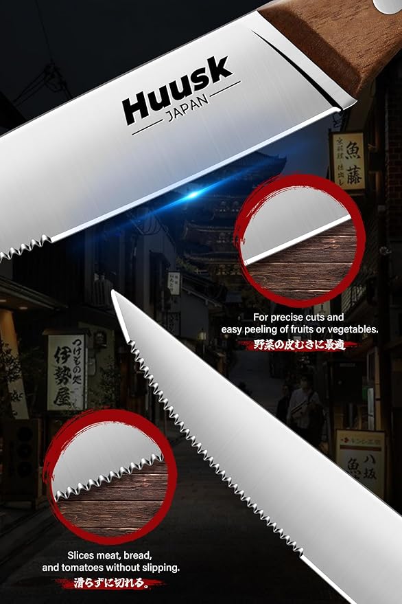 Huusk Steak Knives Set of 8 with Drawer Organizer-4.5 in Japanese Serrated Steak Knife Set with Block, Serrated & Straight Dual-Edge, Stainless Steel Steaks Knives with Holder, Gift Box for Him Her