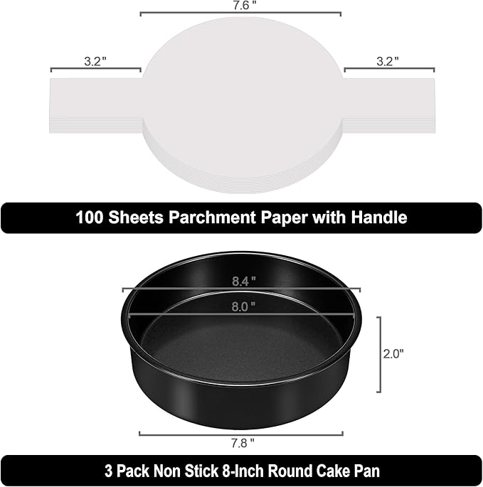 8 Inch Cake Pan Set of 3, Nonstick Baking Pans Set with 100PCS Pre-cut Parchment Paper for Layer Cakes, Durable Round Cake Pans Sets for Baking for Birthday Christmas, Dishwasher Safe