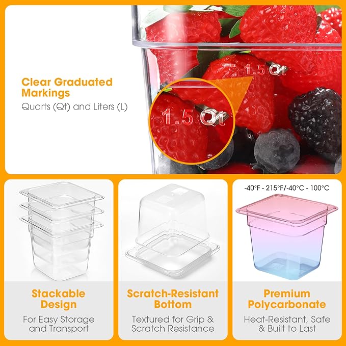 6 Pack 4'' Deep NSF Food Pans 1/6 Size | Commercial Food Storage Containers | Polycarbonate Plastic Pans for Restaurant Kitchen | Commercial Grade for Food Prep | Clear