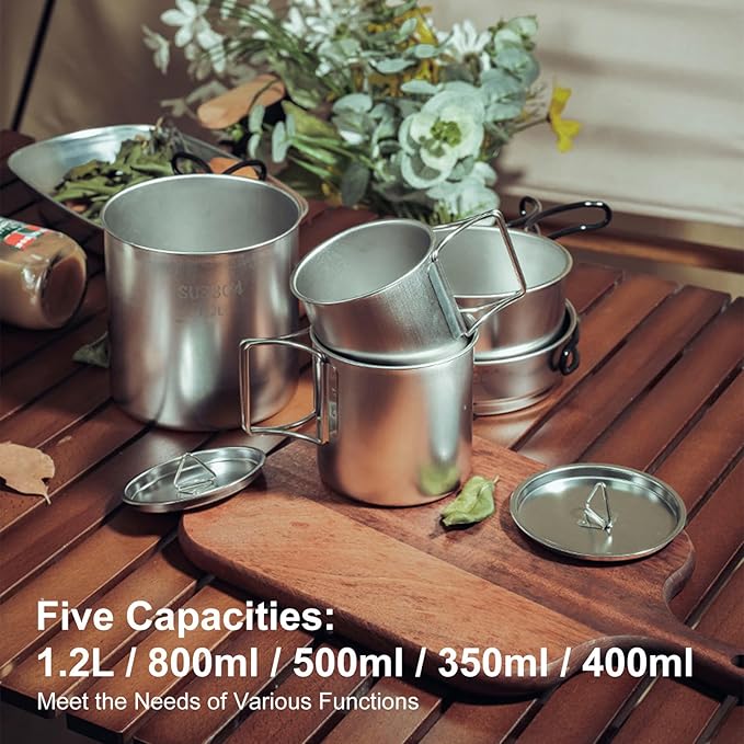 5PCS Stainless Steel Camping Cooking Set Cookware Mess Kit Cook Pots and Pan Set with Cups & Storage Bag, Lightweight Camping Cookware for Hiking Backpacking Outdoor Cooking and