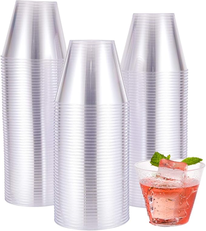JOLLY CHEF 9 oz Clear Disposable Plastic Cups, 100 Pack Clear Plastic Cups Tumblers, Heavy-duty Party Glasses, Disposable Cups for Thanksgiving, Halloween, Christmas Party