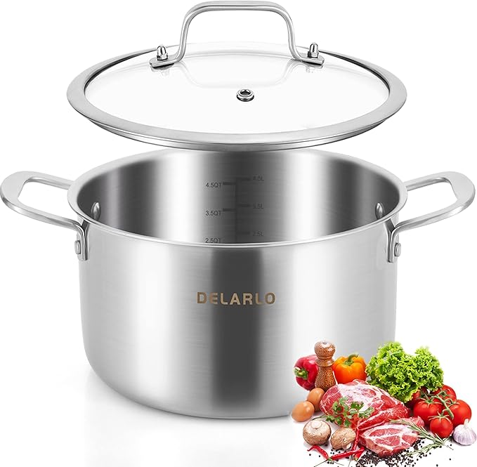 DELARLO Tri-Ply Stainless Steel Stock Pot, 5 Quart Stockpot with Lid, All Stoves Safe Up to 600℉, Saving Fuel 20%, Heavy Duty, Soup Pot with lid, Kitchen Essentials, Fast Even Heat