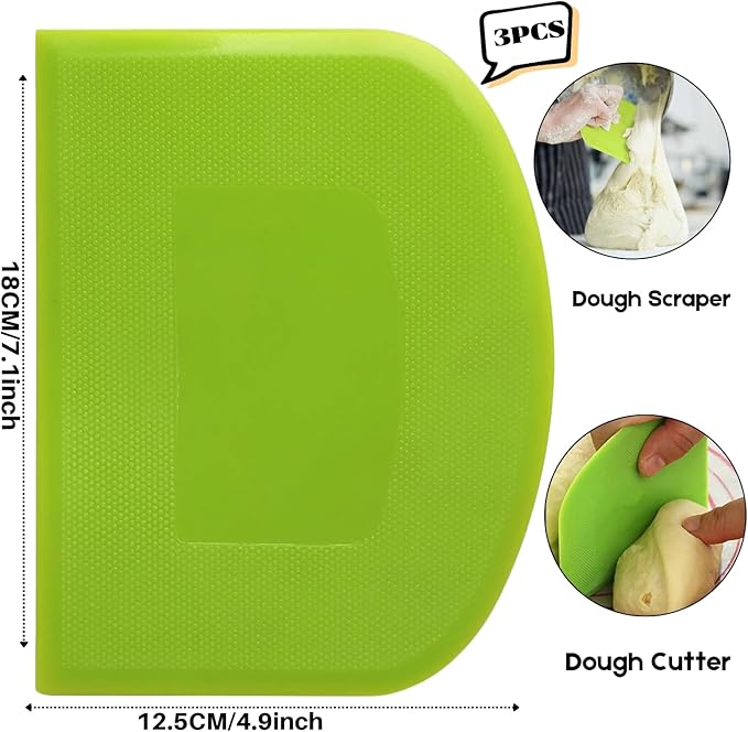 SURDOCA Dough Scraper Bench Scraper - 3P 7.1x4.9" Plastic Flexible Bowl Scraper, Sharp Edge & Angles Cake Scraper. Non-Slip Bakeware Decorating Tools Sculpting & Modeling Tools - White+Green+White