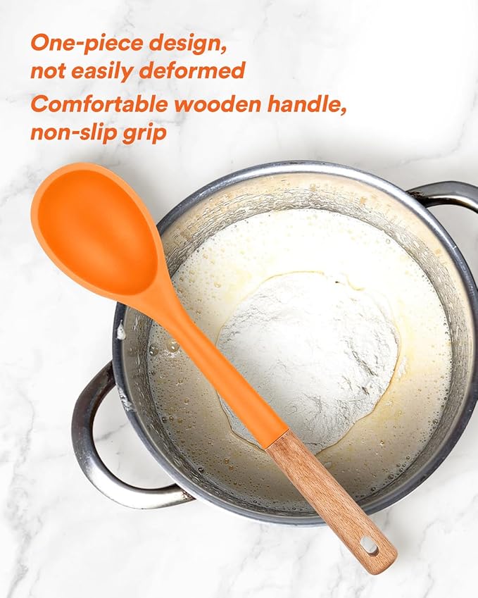 Large Silicone Cooking Spoons, Nonstick Solid Wooden Handle Spoon, Heat Resistan Silicone Kitchen Spoons for Cooking, Serving, Basting, Mixing, 13.2inch (ORANGE)