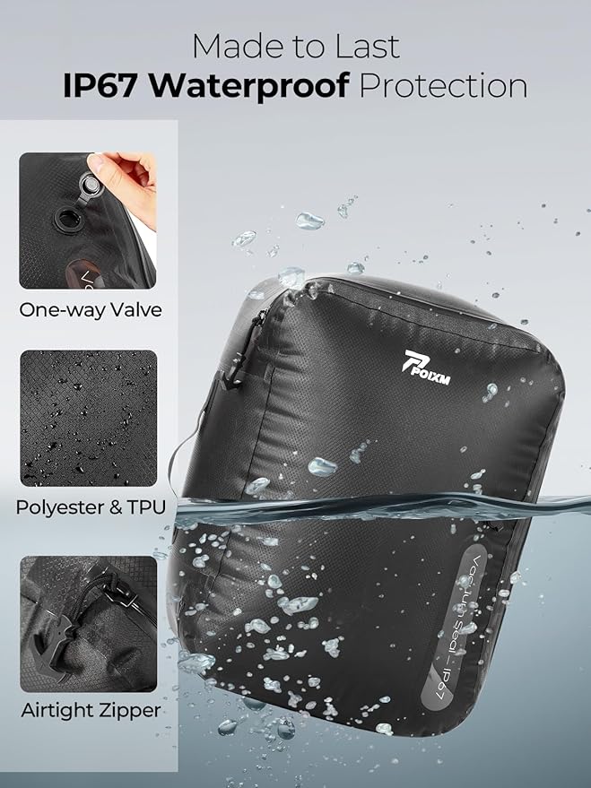 Vacuum Bags for Travel with Wireless Pump, 180° Open Zipper, IP67 Waterproof, Reusable Space Saver Compression Bags for Backpack, Suitcase, Home Storage(1 Pack + Pump)