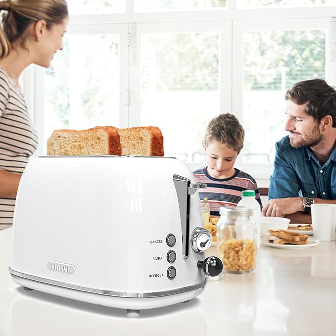 Toaster 2 slice,Retro Stainless Steel Toaster with 6 Settings, 1.5 In Extra Wide Slots, Bagel/Defrost/Cancel Function, Removable Crumb Tray (White)