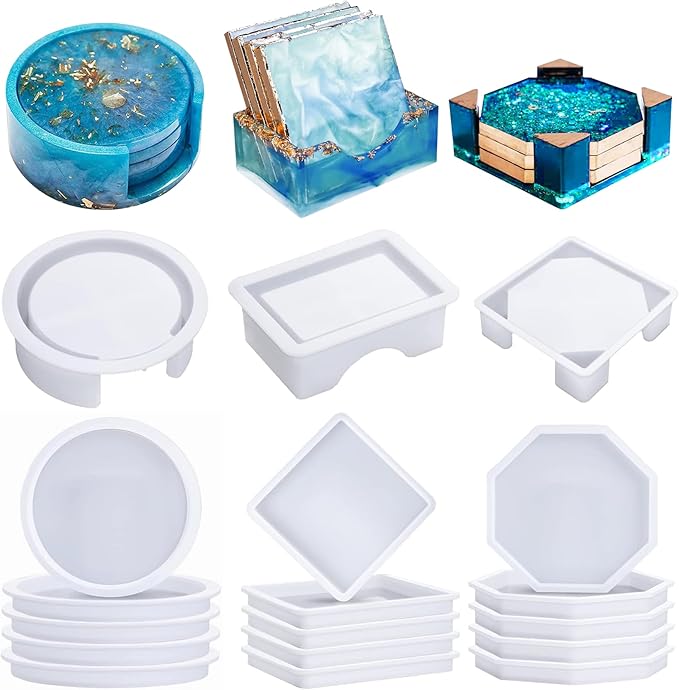 18 Pcs Coaster Resin Molds Silicone, Coaster Molds with Round Square Octagon Shape Holder Molds for Epoxy Resin, DIY Art Craft Cup Mats