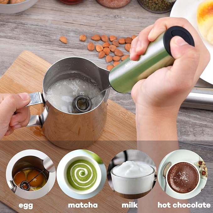 Rechargeable Milk Frother Handheld Electric Frother Wand Milk Foamer Drink Mixer for Coffee, Lattes, Cappuccino, and Egg, Stainless Steel for Travel-Green
