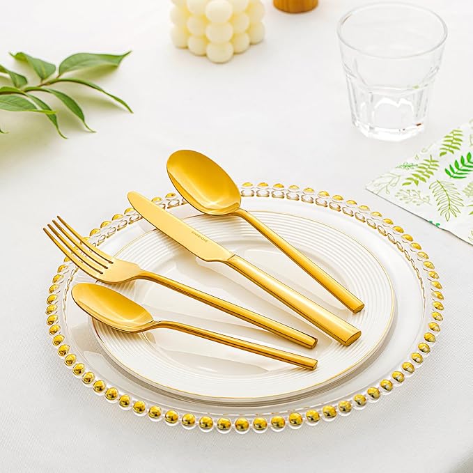 KINGSTONE Gold Silverware Set, 20-Piece Forged Flatware Set Cutlery Set Premium Stainless Steel, Service for 4, for Kitchen, Home, Wedding, Party, Mirror Polished and Dishwasher Safe