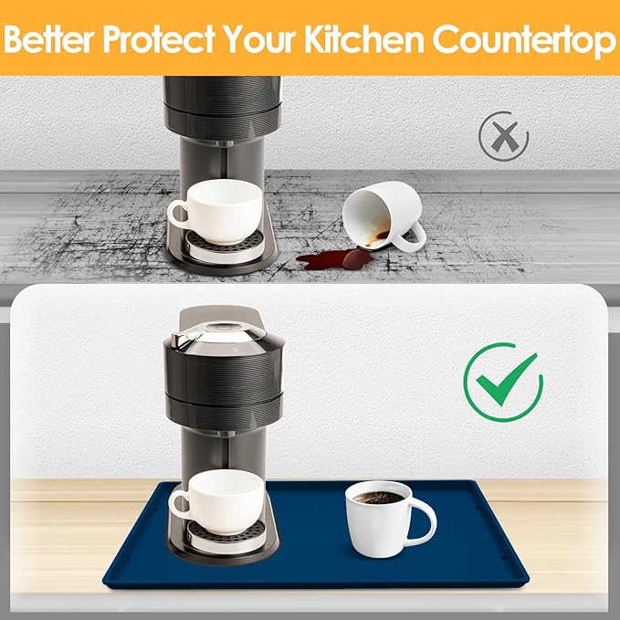 TOHONFOO Silicone Coffee Maker Mat with Lip, 19.7'' x 15'' Heavy Duty Coffee Maker Mat for Countertops, Coffee Tray Fit Under Coffee Machine Appliance Automatic Machines Espresso Accessory, Navy Blue